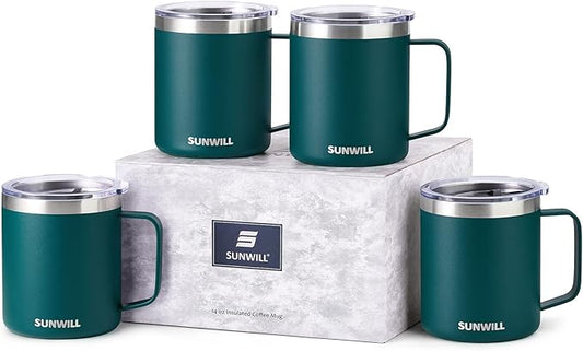 SUNWILL Travel Coffee Mugs Set of 4, Insulated Cup with Lid, 14oz Stainless Steel Tumbler with Handle Bulk for Gift, Camping, Office, Powder Coated Forest Green