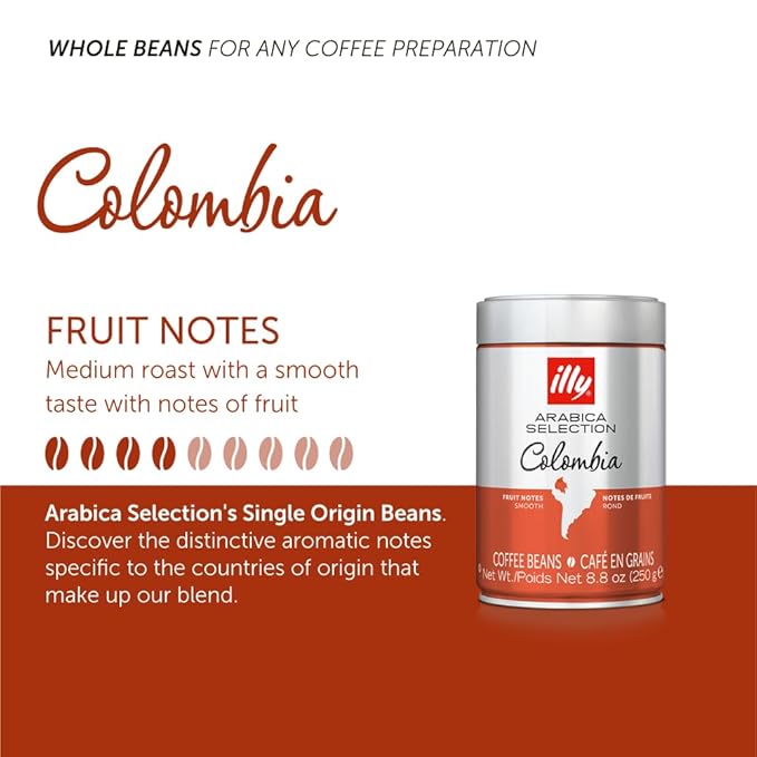 illy Whole Bean Coffee, Arabica Selections, Colombia, Single Origin, Smooth with Notes of Citrus Fruits, 100% Arabica Beans, All-Natural, No Preservatives, 8.8 Ounce Can (Pack of 6)