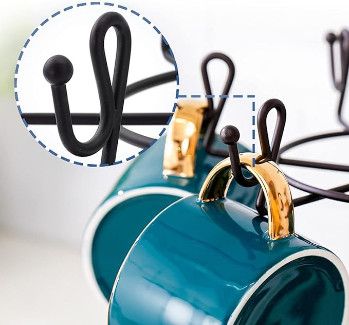 VANRA Coffee Mug Holder Stand 6 Hooks Rotating Mug Rack Countertop with Coffee Pod Basket Storage for Kitchen Counter Organizer, Black Steel (360 Rotating)