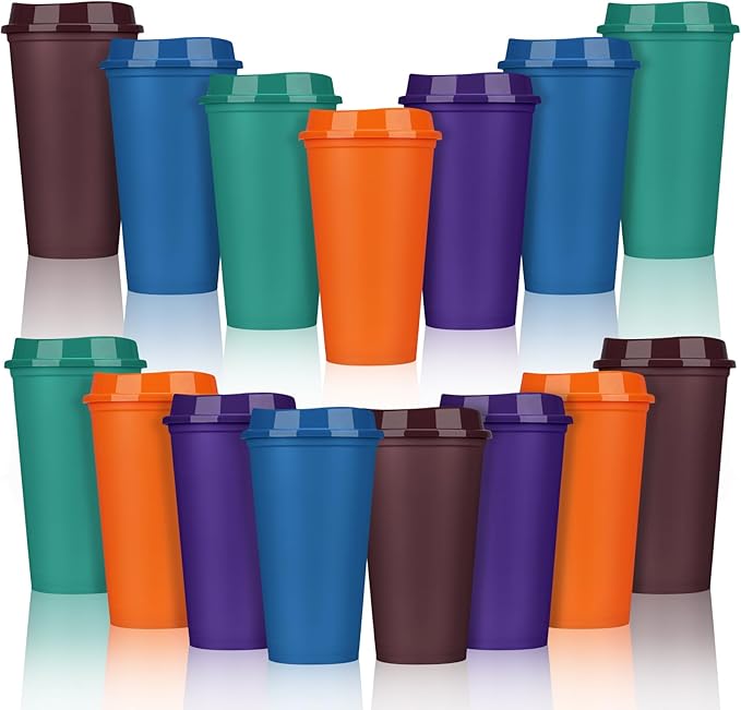 Domensi 15 Pack Reusable Coffee Cups with Lids 16 oz Disposable Travel Cups Bulk Plastic to Go Coffee Tumblers for DIY Hot Cold Drink Party Favors Coworker, Microwaveable (Colorful)