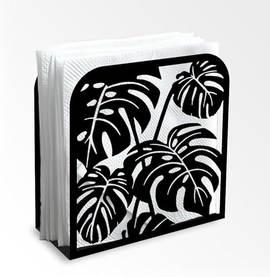Monstera Leaf Decorative Black Metal Napkin Holder for Table, 4.9" x 4.9" x 1.9" Monstera Deliciosa Standing Napkin Holder for Home Kitchen Restaurant Picnic Party Coffee Bar Dining Room