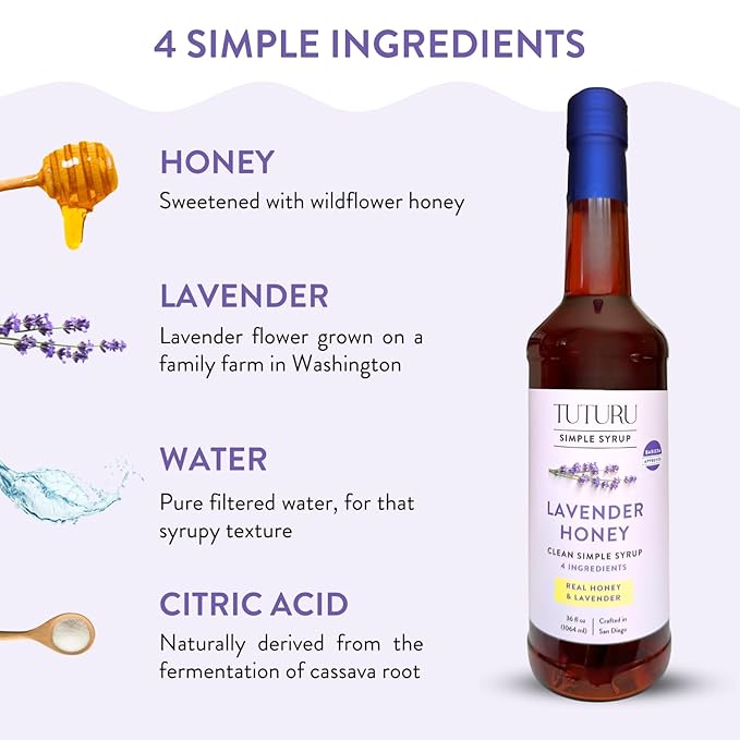 Lavender Honey Simple Syrup for Coffee, Cocktails, Tea, Matcha - Clean Simple Syrup with Real Lavender & Honey - 36 oz