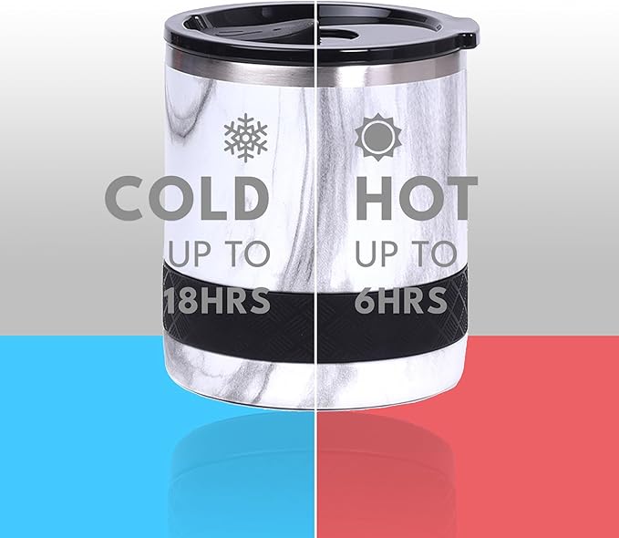 Elemental Recess Lowball Tumbler, 10oz Triple Wall Stainless Steel Cup with Non-Shattered Tritan Lid, Insulated Whiskey Glass, Insulated Coffee Tumbler Mug for Hot & Cold Drinks - White Marble