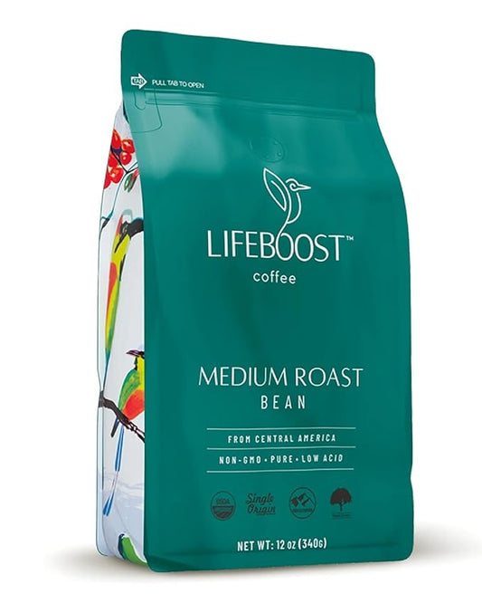 Lifeboost Organic Coffee Beans Medium Roast - Low Acid Single Origin Non-GMO Organic Whole Bean Coffee - Third Party Tested For Mycotoxins & Pesticides - 12 Ounces