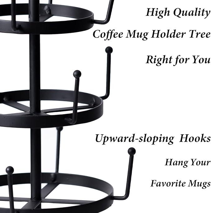 Coffee Cup Tree, Black Metal Coffee Tree Mug Holder, 4 Tiers Cup Trees Stand for 12 Mug Hooks with Storage Basket & Wooden Handle, Mug Rack Countertop for Counter Bar Kitchen