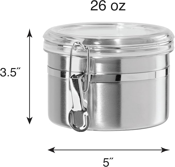 OGGI Stainless Steel Kitchen Canister 26 fl oz - Airtight Clamp Lid, Clear See-Thru Top - Ideal for Kitchen Storage, Food Storage, Pantry Storage. Size 5" x 3.5".