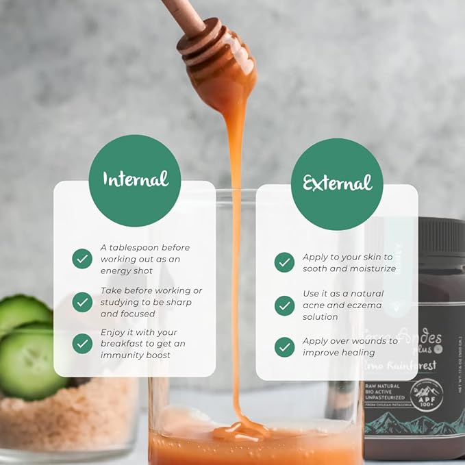 Ulmo Rainforest honey APF 200+ by Terra Andes Plus. Raw natural organic honey. Highest bioactive grade. Made in Chilean Patagonia. 100% pure. NON Gmo. Awarded worldwide. (8.8 oz)