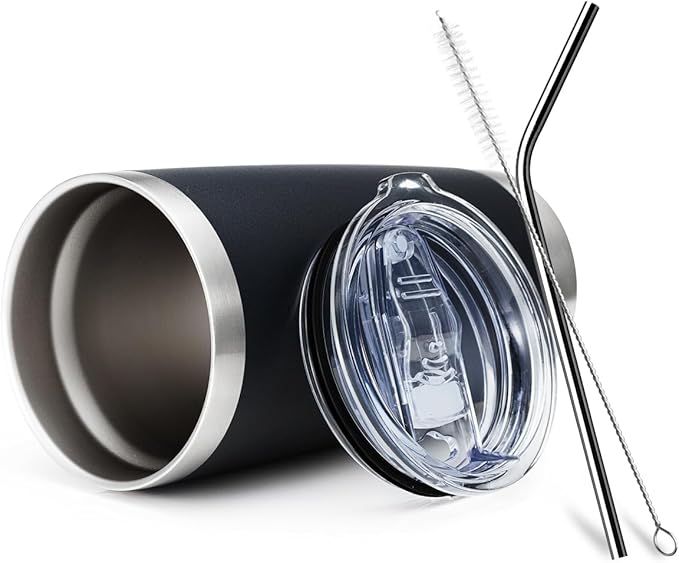 COMOOO 20oz Double Wall Vacuum Insulated Travel Mug, Stainless Steel Tumbler with Lid and Straw Durable Powder Coated Insulated Coffee Cup for Cold & Hot Drinks (Black, 12 pack