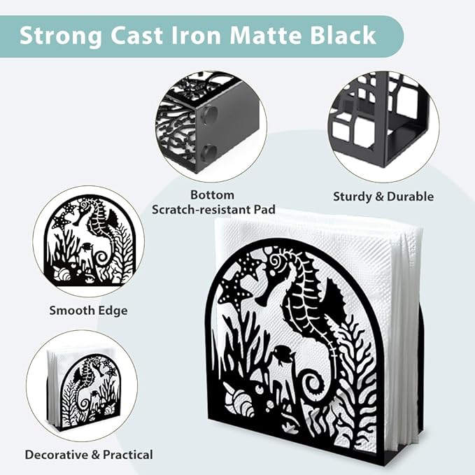 Seahorse and Coral Decorative Black Metal Napkin Holder for Table, 4.9" x 4.9" x 1.9" Ocean Standing Napkin Holder for Home Kitchen Restaurant Picnic Party Coffee Bar Dining Room