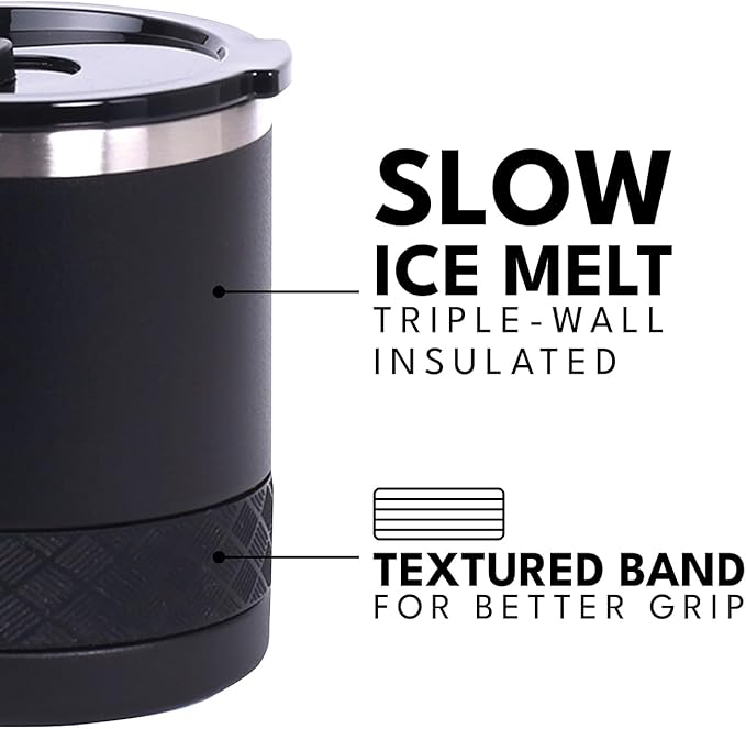 Elemental Recess Lowball Tumbler, 10oz Triple Wall Stainless Steel Cup with Non-Shattered Tritan Lid, Insulated Whiskey Glass, Insulated Coffee Tumbler Mug for Hot & Cold Drinks - Black