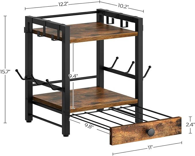 3-Tier Coffee Mug Holder with 12 Hooks, Coffee Bar Organizer, 25 Pods Capacity, Versatile Desktop Storage Rack, Space-Saving, for Kitchen, Living Room, Rustic Brown and Black MH01BR