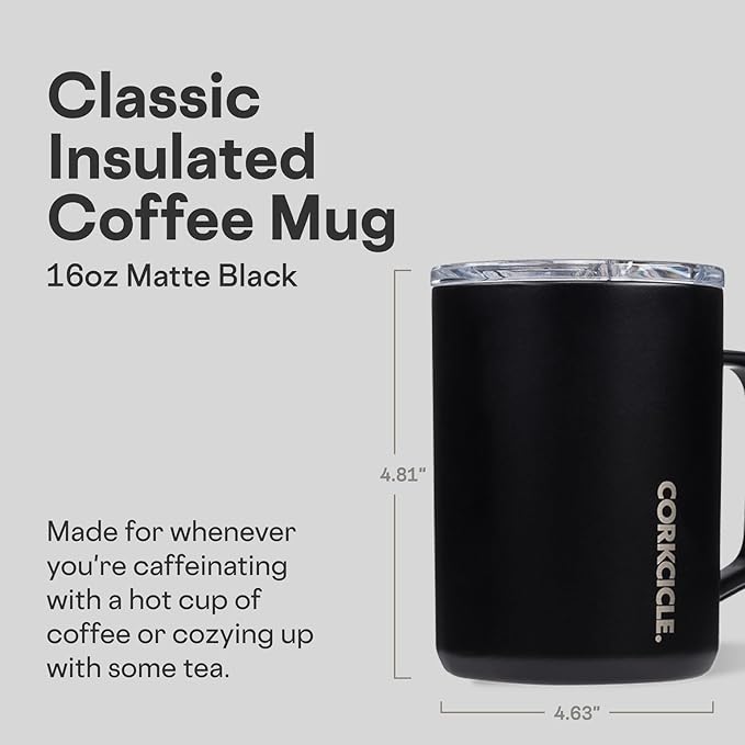 Corkcicle Classic Coffee Mug - Triple Insulated Stainless Steel for Travel - Shatter-Proof Lid - Easy Grip - Keeps Drink Hot Over 3 Hours - Holiday Mug Gift - Great for Gifting Warmth - 16 oz - Black