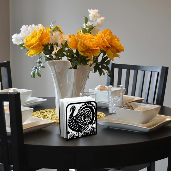 Turkey Decorative Black Metal Napkin Holder for Table, 4.9" x 4.9" x 1.9" Standing Napkin Holder for Home Kitchen Restaurant Picnic Party Coffee Bar Dining Room