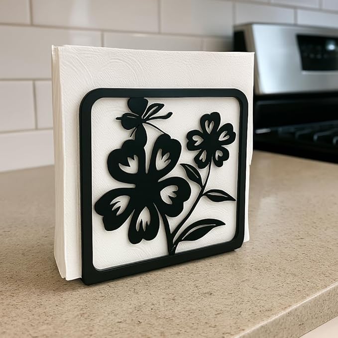 Decorative Metal Napkin Holder Set – Cat & Floral Design – 2 Sizes for Everyday & Cocktail Napkins – Black Modern Kitchen Coffee Filter Holder for Size #2 & #4 coffee filters.