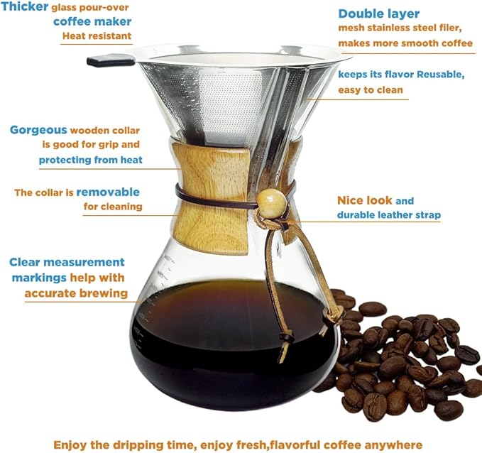 Pour Over Coffee Maker with Filter Subjectthree 34oz Glass Coffee Carafe Dripper Pourover Set (10 Cup/34 oz)