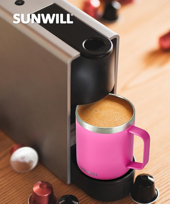 SUNWILL Insulated Coffee Mug with Lid, Travel Tumbler with Handle, 14 oz Stainless Steel Cup for Home, Office, Camping, Powder Coated Magenta