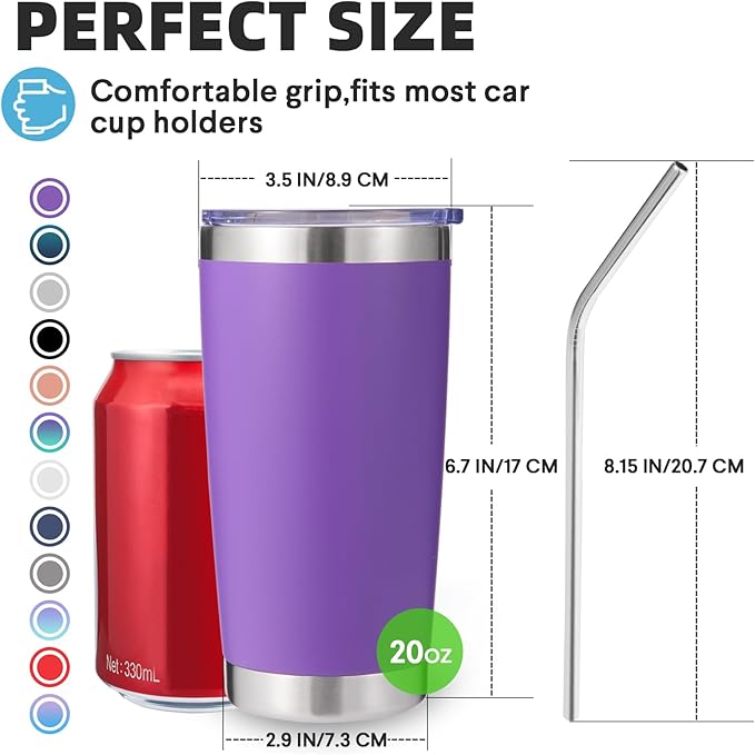 Volhoply 20oz Stainless Steel Tumbler with Lid and Straw Bulk 4 Pack,Double Wall Insulated Travel Iced Coffee Mug Fits Cup holder,Powder Coated Cups for Hot/Cold Drinks,Gifts for Women（Purple,4 Set）