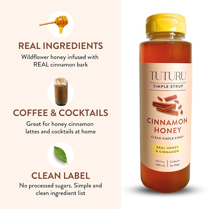 Cinnamon Honey Simple Syrup for Coffee, Cocktails, Tea, Matcha - Clean Simple Syrup with Real Cinnamon & Honey - 13.5 oz