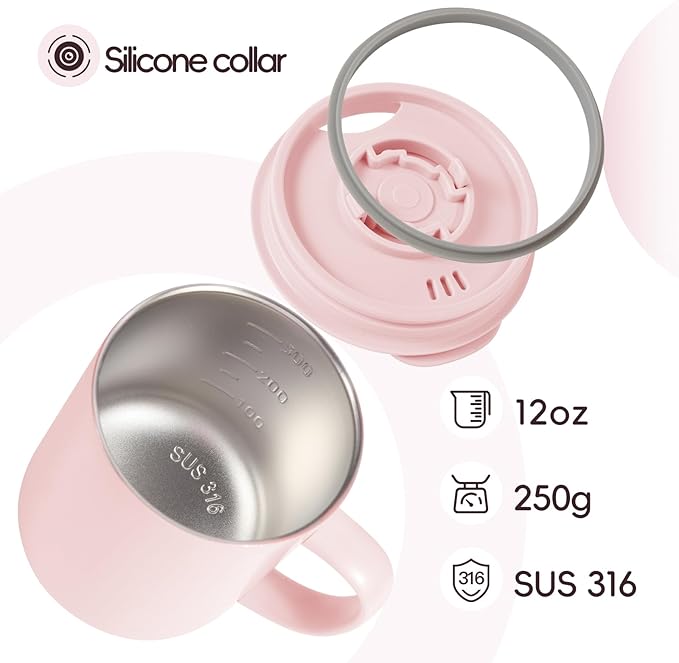 12oz Coffee Mug,Insulated Camping Mug with Lid,Double Wall Stainless Steel Travel Coffee Cup with Handle, Vacuum Reusable Coffee Tumbler Cup for Home, Office, Camping - Pink