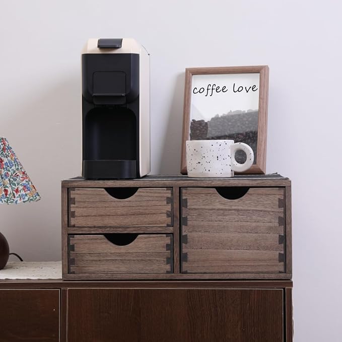 Coffee Pods Storage Drawer Holder for Capsules - Multi Functional Desk Organizer Drawers For K cups Coffee Maker Brew - Kitchen Mini Wooden Box Chest Sideboard Counter Organization CF2D3C Dark