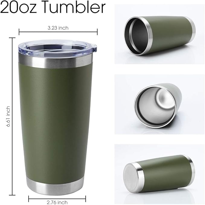 HASLE OUTFITTERS 20oz Stainless Steel Tumblers Bulk, Insulated Travel Cup with Lid, Double Wall Vacuum Coffee Mug for Cold & Hot Drinks 4 Pack, Army Green