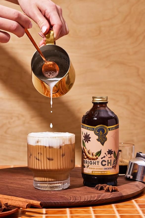 Portland Syrups Bright Chai Syrup - Coffee, Cocktails, Mocktails & Sodas - Premium Concentrate - Orange Pekoe, Ginger, Cinnamon, Cloves & Cardamom - Organic Cane Sugar - 12 oz, 12 Servings (Pack of 1)