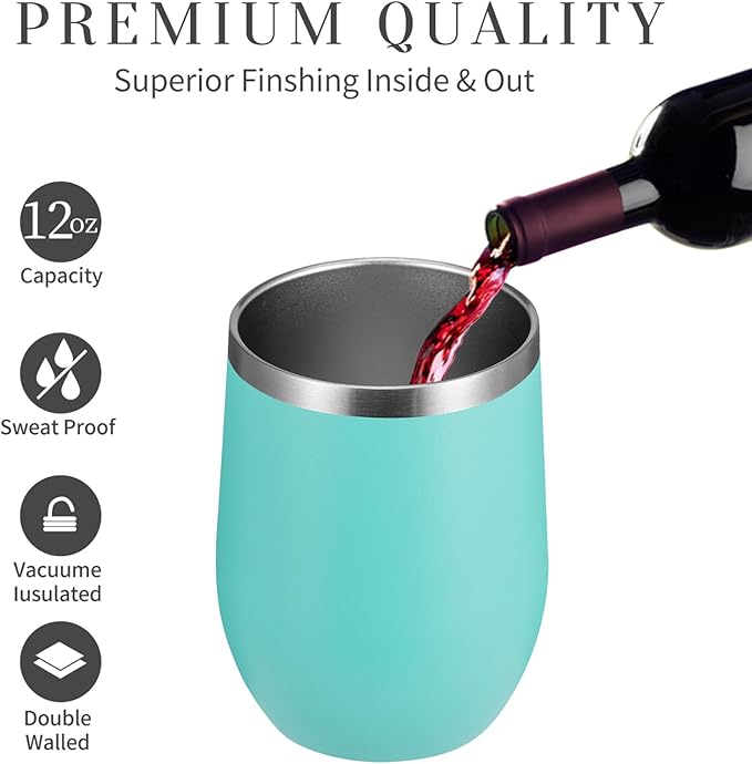 MEWAY Stemless 12 OZ Wine Tumbler Glasses with Lid -Insulated Double Wall Vacuum Stainless Steel Travel Tumbler with Straw,for Woman Under 10 dollars (Light Green,1)