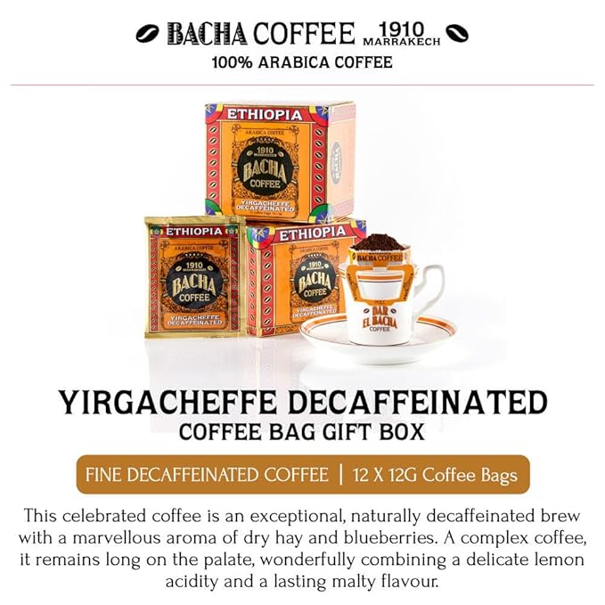 Bacha Coffee | Yirgacheffe Decaffeinated Ethiopia Single Origin, 100% Arabica Specialty Coffee Beans, Medium Dark Roast, x12 Individually Wrapped Single Serve Filter Bags