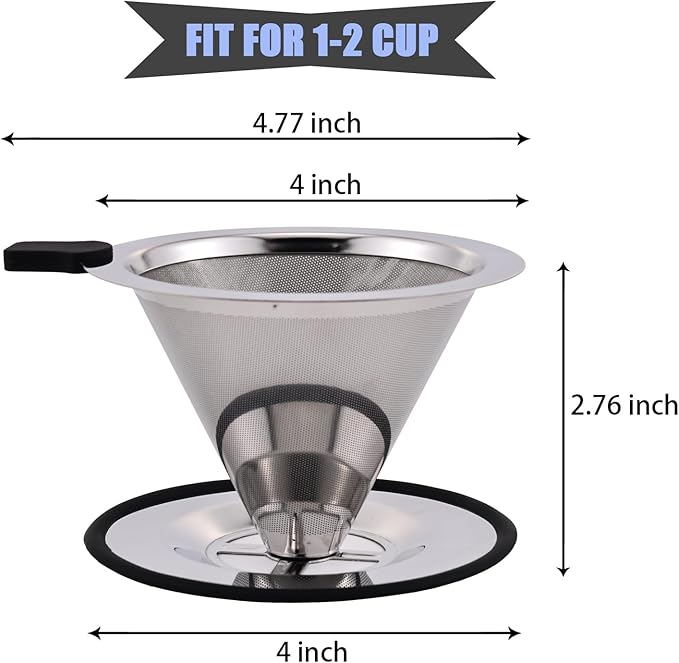 Small Size Pour Over Coffee Dripper, Stainless Steel Metal Cone Drip Coffee Filter, Paperless and Permanently Reusable, Double Mesh Coffee,TeaFilter for 1-2 Cups