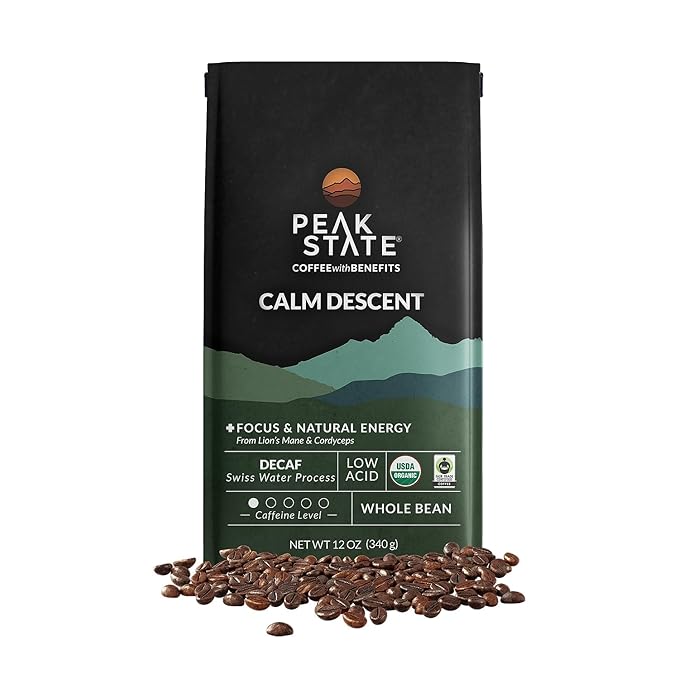 Peak State Coffee with Benefits - Organic Decaf Coffee Beans - CALM DESCENT Swiss Water Process Decaf with Lion's Mane & Cordyceps - Mushroom Coffee Decaf - Organic- Mold Free, Pesticide Free, Non-GMO, Low Acid (12 oz, Whole Bean - $1.13/cup)