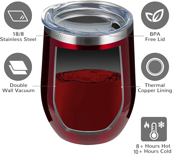 MEWAY 12oz/8 Pack Wine Tumbler Glasses with Lid - Stemless Double Wall Vacuum Stainless Steel Travel Tumbler - Keeping Cold & Hot for Wine,Coffee,Cocktails,Gifts (Burgundy,Set of 8)