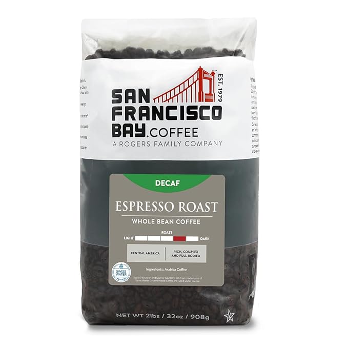 San Francisco Bay Coffee - Decaf Medium-Dark Roast Whole Bean Coffee - Decaf Espresso Roast (2 lb bag) - Swiss Water Processed