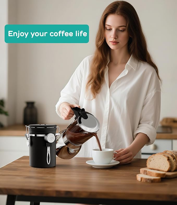 Coffee Gator Coffee Canister, 22oz Airtight Stainless Steel Kitchen Food Storage Container with Date Tracker, Valve, Scoop for Sugar, Grounds, Beans, Tea, Sugar, Cereal, Flour, Cookies Jars - Black
