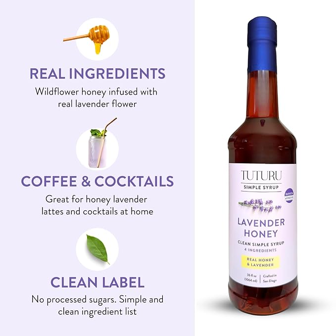 Lavender Honey Simple Syrup for Coffee, Cocktails, Tea, Matcha - Clean Simple Syrup with Real Lavender & Honey - 36 oz