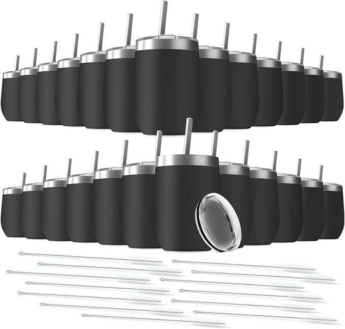 12oz Wine Tumbler with Lid With straw Stainless Steel Wine Tumbler Cups Double Wall Vacuum Insulated Travel Mugs Stemless Cup 25 Pack