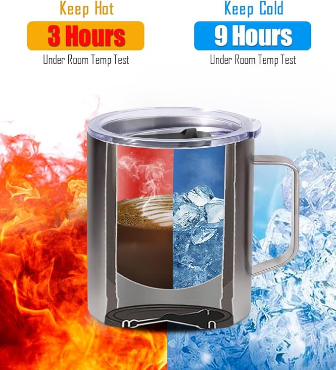 SUNWILL Travel Coffee Mug with Lid, Insulated Tumbler with Handle, 14oz Stainless Steel Cup for Camping, Outdoor, Powder Coated Black