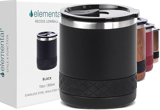 Elemental Recess Lowball Tumbler, 10oz Triple Wall Stainless Steel Cup with Non-Shattered Tritan Lid, Insulated Whiskey Glass, Insulated Coffee Tumbler Mug for Hot & Cold Drinks - Black