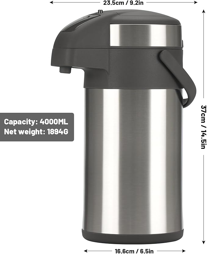 OJOJ 4L/133OZ Thermal Coffee Carafe with Pump, Thermal Beverage Dispenser, Coffee Airpot Stainless Steel Coffee Carafe for Hot Drinks Silver
