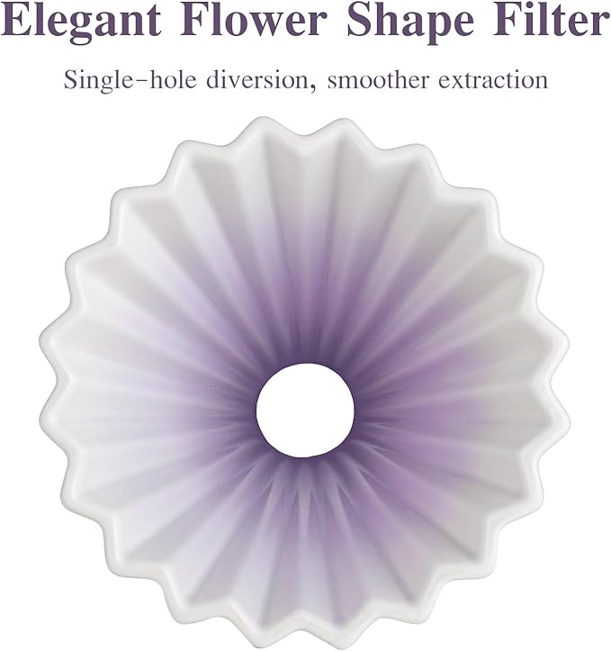 Bincoo Ceramic Coffee Dripper,Pour Over Coffee Dripper with Wood Stand, Flower-shape for 1-2 Cups Slow Brewing Maker for Home Cafe (Purple)