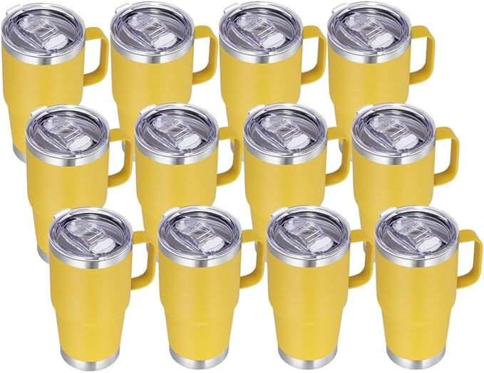 VEGOND 20 oz Tumbler Bulk with Handle Lid and Straw, Stainless Steel Insulated Travel Coffee Mug Set, Spill Proof Double Wall Metal Tumblers Cups, Powder Yellow 12 Pack