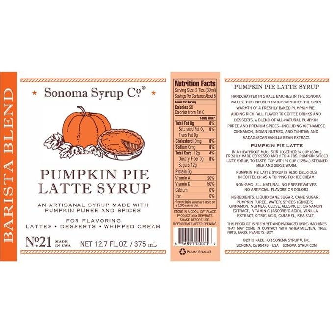 Sonoma Syrup Co. Pumpkin Pie Latte Syrup 12.7 Fl Oz | for Coffee, Latte and Baking | Hand Crafted in the USA