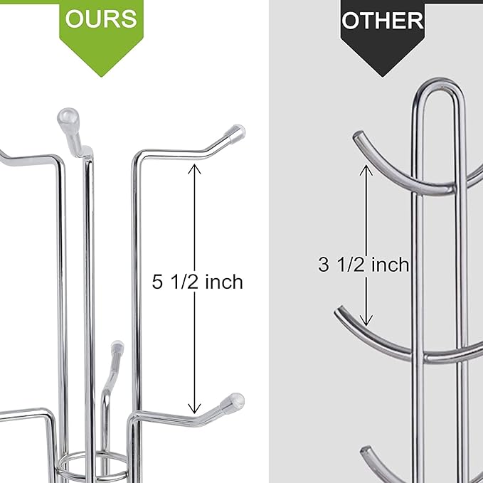 HULISEN Coffee Mug Holder for Countetop, Cup Tree for Counter Large Mugs with 6 Hooks, Metal Cup Holder Stand, Standing Rack Display for Coffee Bar, Silver