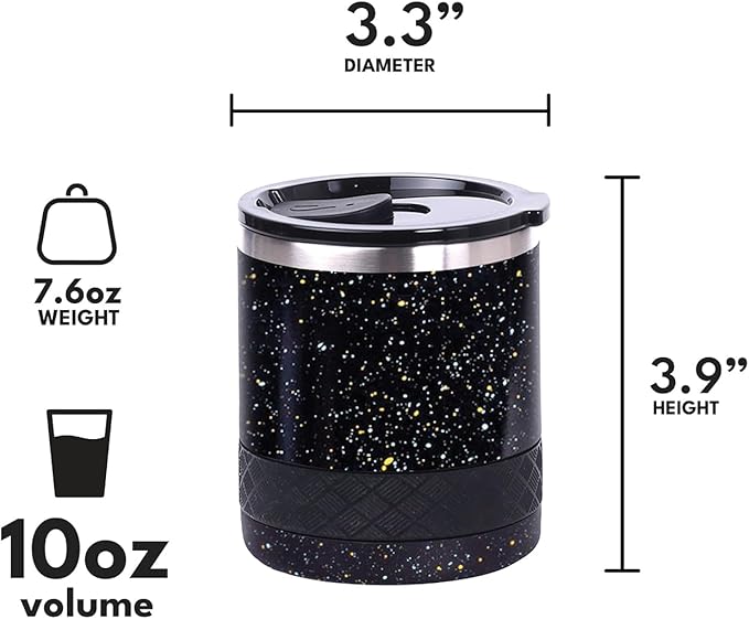 Elemental Recess Lowball Tumbler, 10oz Triple Wall Stainless Steel Cup with Non-Shattered Tritan Lid, Insulated Whiskey Glass, Insulated Coffee Tumbler Mug for Hot & Cold Drinks - Black Speckle