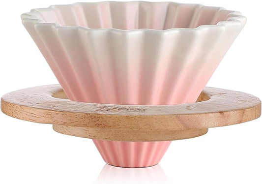 Bincoo Ceramic Coffee Dripper,Pour Over Coffee Dripper with Wood Stand, Flower-shape for 1-2 Cups Slow Brewing Maker for Home Cafe (Pink)