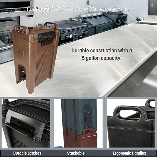 Carlisle FoodService Products 5-Gallon Insulated Beverage Dispenser, Cateraide, Food-Grade with Handles, Rugged PE Shell with PU Insulation for Coffee, Tea and Hot or Cold Drinks, Brown - Made in USA