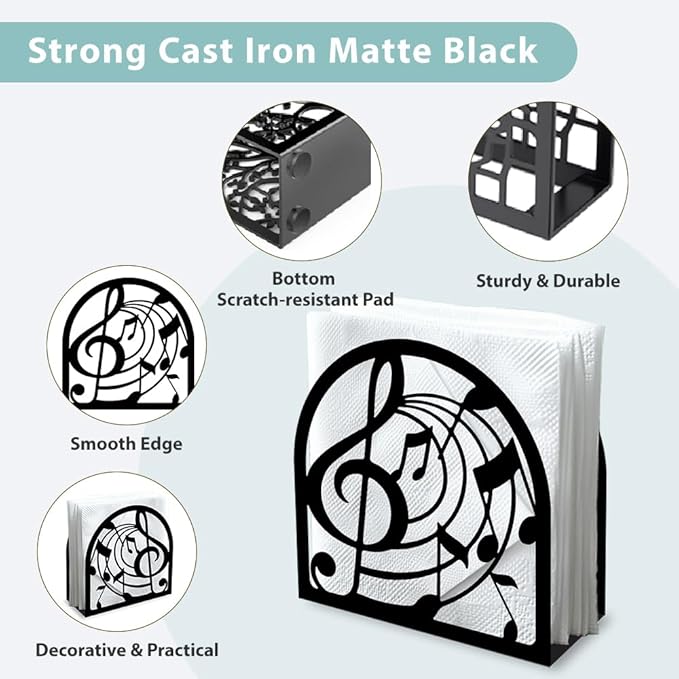 Music Note Decorative Black Metal Napkin Holder for Table, 4.9" x 4.9" x 1.9" Standing Napkin Holder for Home Kitchen Restaurant Picnic Party Coffee Bar Dining Room