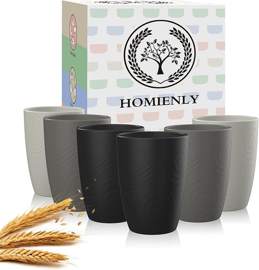 Homienly Wheat Straw Stackable Water Tumblers 6 PCS Cups Alternative to Plastic Cups Unbreakable Drinking Cup Reusable Dishwasher Safe Water Glasses Dishwasher and Microwave Safe(12 OZ Grey Stone)