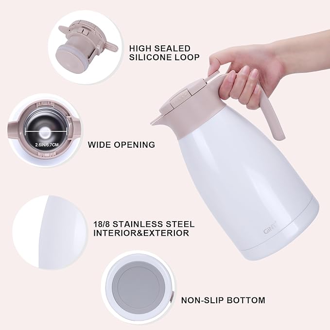 GiNT 2.2L / 74Oz Thermal Coffee Carafe, Insulated Stainless Steel Coffee Carafes for Keeping Hot/Double Walled Vacuum Thermal Carafe (White)