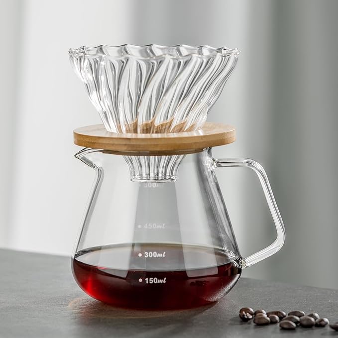 Pour Over Coffee Maker Set – Drip Coffee Pot with bamboo Handle, Glass Coffee Dripper & 100 Filters, 20oz/600ml Capacity
