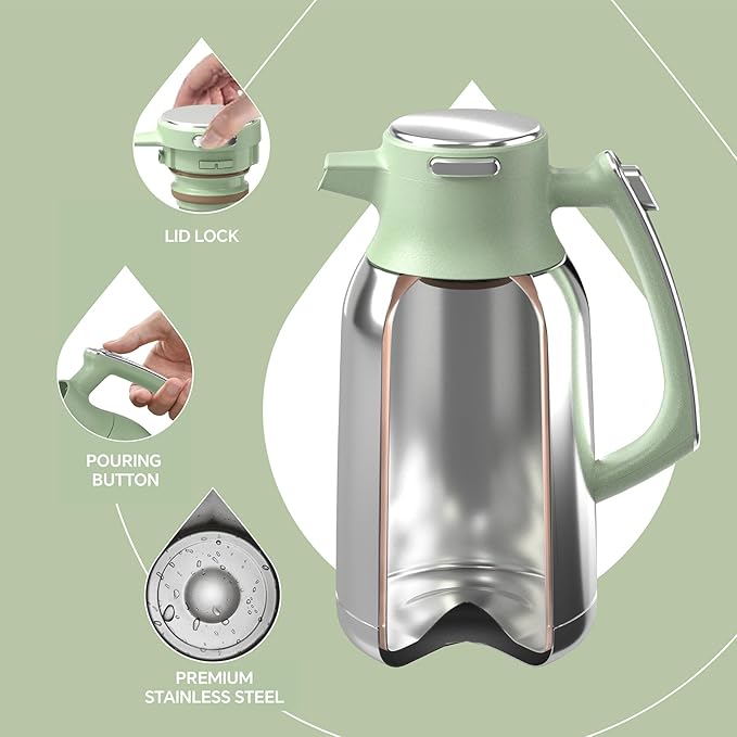 IDEUS Thermal Coffee Carafe 68oz (2,000ml), Stainless Steel Double Wall Insulated Vacuum Flask, Water Jug Coffee Server and Beverage Dispenser, Heat and Cold Retention (Avocado, 68oz (2,000ml))